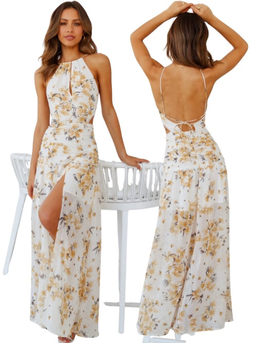 Hello Molly Just Us Floral Maxi Dress Womens Medium White Yellow Slits Open Back